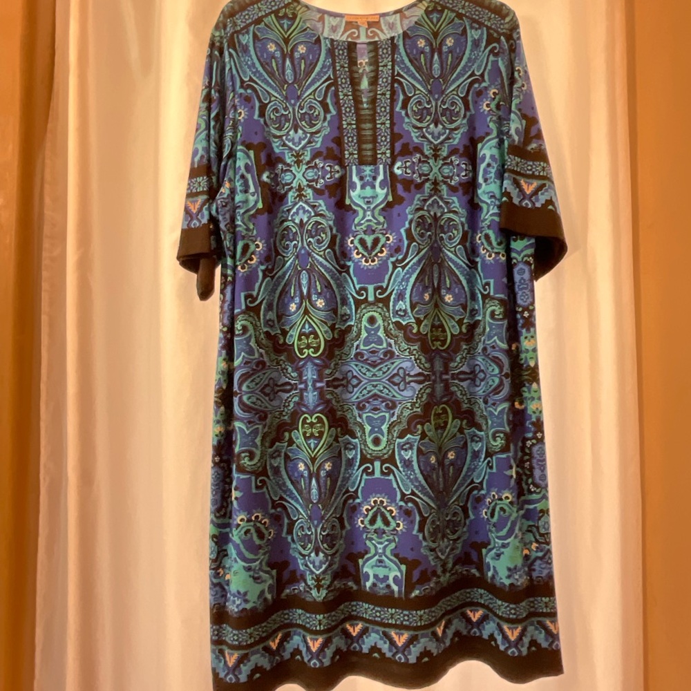 Sandra Darren Blue and Green Patterned Dress